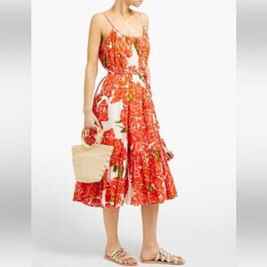 Rhode Lea Dress sz S Red Floral Roses Midi Full Skirt Feminine Wedding Shower